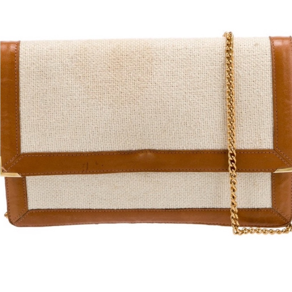 Rochas Tan and Cream Clutch with Gold Chain